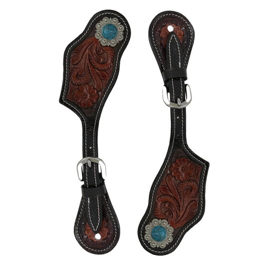 Tahoe Western Hand Tooled Leather Spur Straps with Turquoise Concho and Floral Design Unisex  Pair