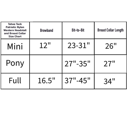 Tahoe Tack American Flag Double Layered Nylon Patriotic Padded Headstall and Reins Size Chart