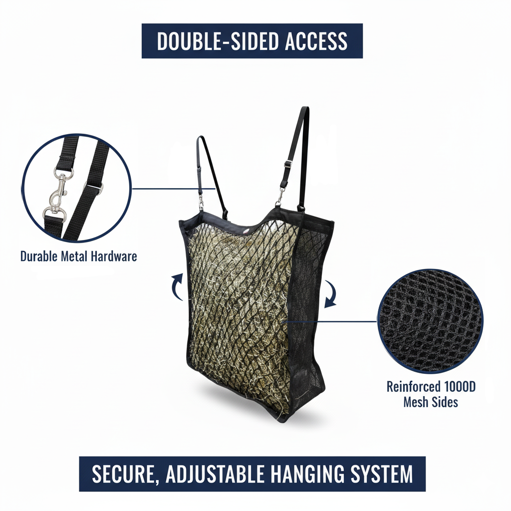 Paris Tack XL Knotless Slow Feed Hay Net – Double-Sided Design with 1000D Mesh Sides, Soft on Muzzles, Holds 6 Flakes