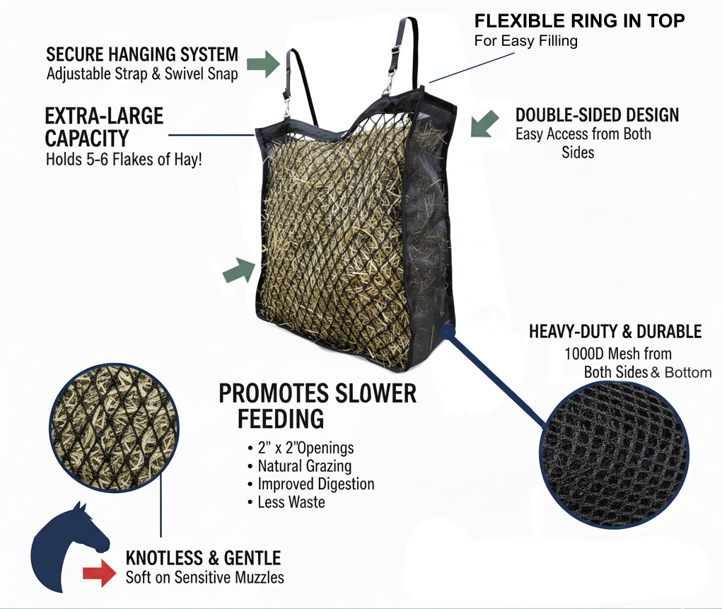 Paris Tack XL Knotless Slow Feed Hay Net – Double-Sided Design with 1000D Mesh Sides, Soft on Muzzles, Holds 6 Flakes