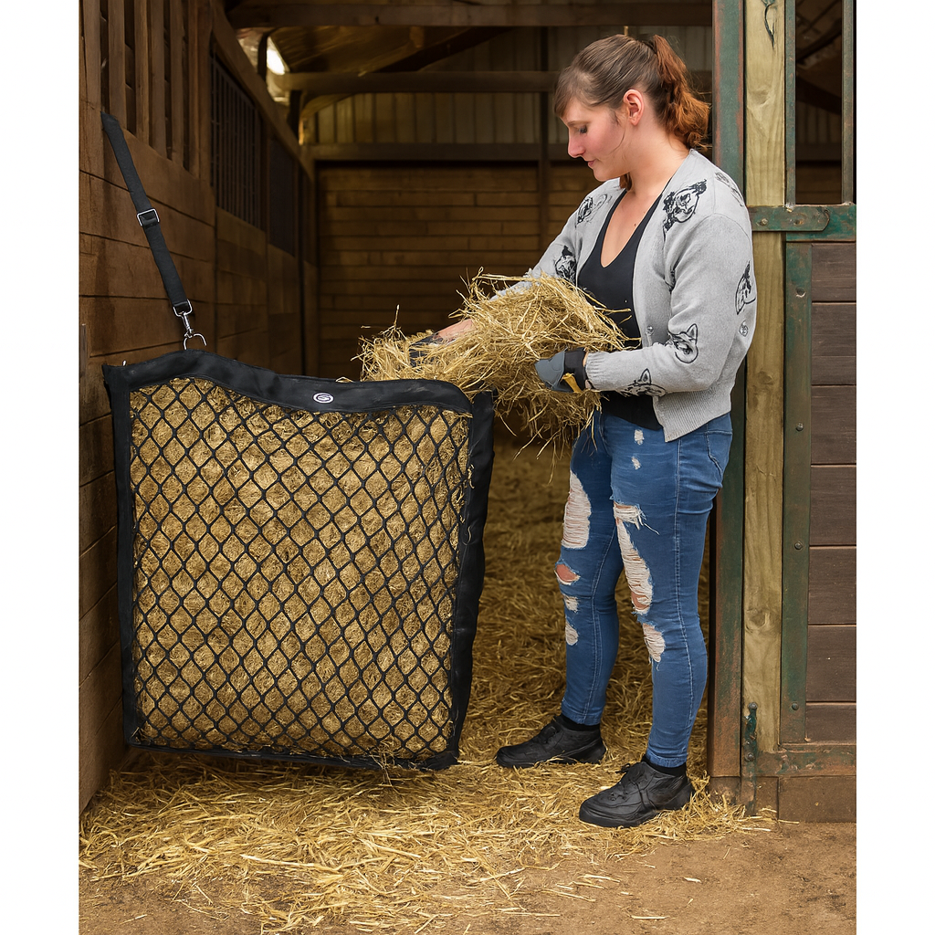 Paris Tack XL Knotless Slow Feed Hay Net – Double-Sided Design with 1000D Mesh Sides, Soft on Muzzles, Holds 6 Flakes