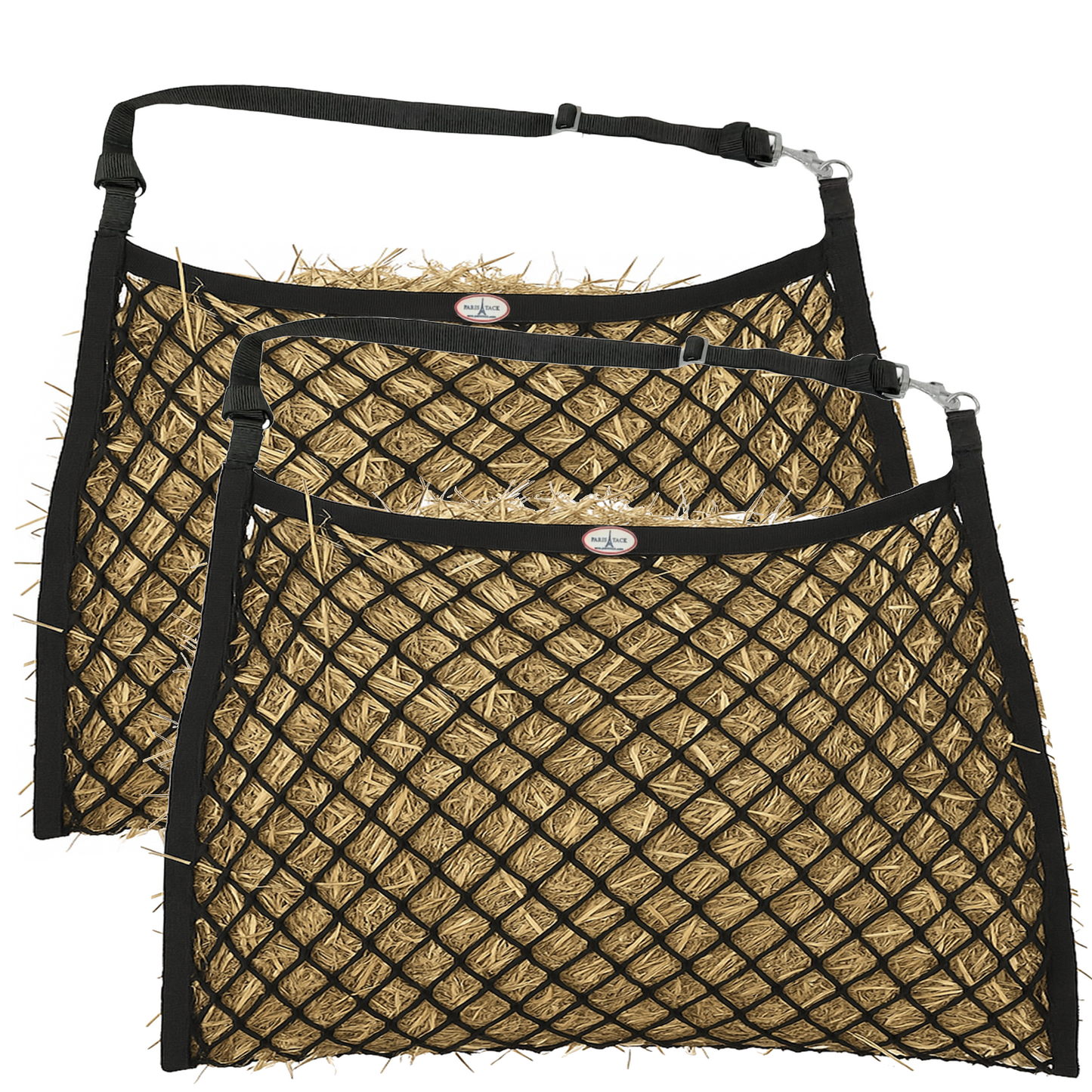 Paris Tack Knotless Ultra Slow Feed Hay Nets – Set of 2, 1.5" Openings, 24"x30", Soft on Muzzles, Adjustable Hanging Strap with Snap, Holds 2 Flakes Each