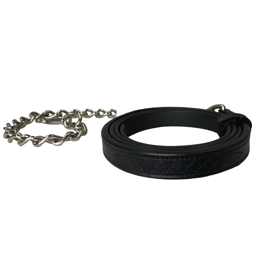 Derby Originals Multipurpose Fancy Stitch Black Leather Lead for Cattle, Horse or Dog with Chain and Swivel Snap-One Year Limited Warranty
