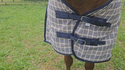 Paris Tack Navy Beige Plaid Horse Stable Sheet with Front Gussets, Lightweight Polyester Sheet for Horses, Travel, Stable & Show Use