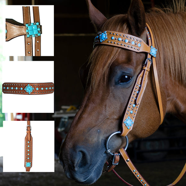 Tahoe Tack Turquoise Spotted Show Western Leather Browband Headstall with Matching Split Reins