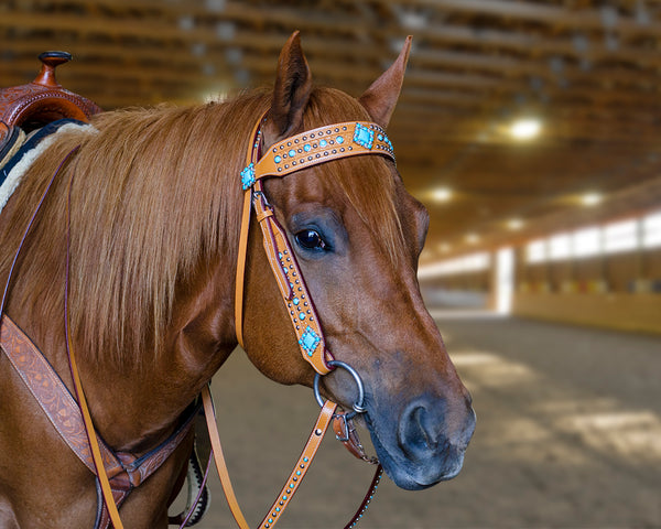 Tahoe Tack Turquoise Spotted Show Western Leather Browband Headstall with Matching Split Reins