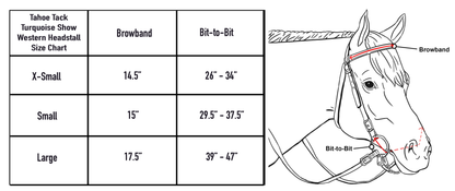 Tahoe Tack Turquoise Spotted Show Western Leather Browband Headstall with Matching Split Reins Size Chart