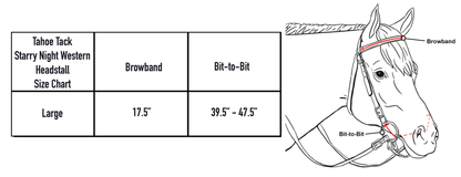 Tahoe Tack Starry Night Show Studded Western Browband Headstall with Matching Reins Size chart