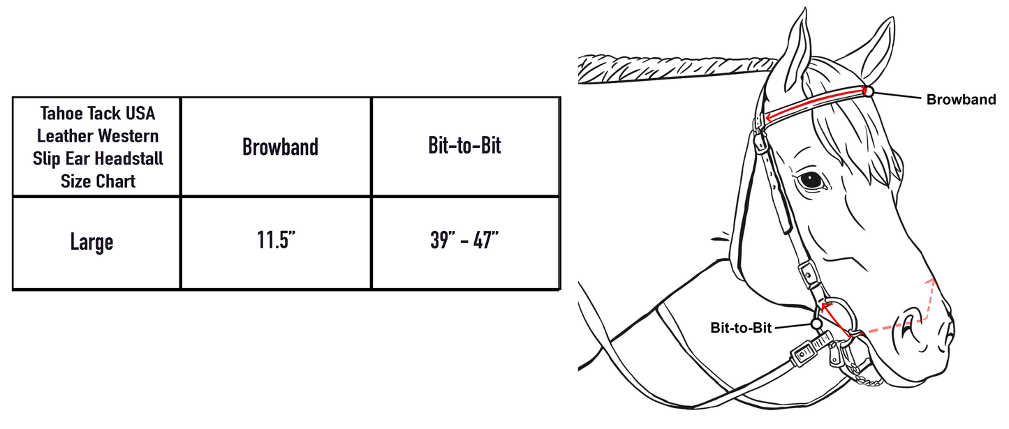 Tahoe Tack USA Leather Show Spotted High Country Western Slip Ear Headstall Size Charts