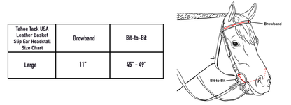 Tahoe Tack USA Leather Basket Weave Hand Tooled Slip Ear Headstall Size Chart