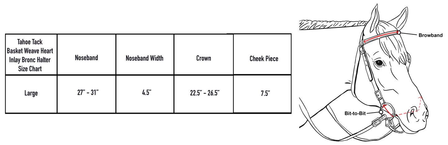 Tahoe Tack Basket Weave USA Leather Heart Inlay Bronc Halter -Size Chart