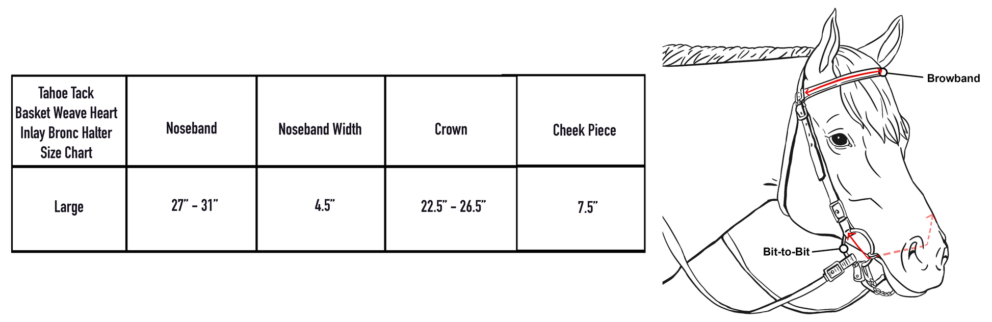 Tahoe Tack Basket Weave USA Leather Heart Inlay Bronc Halter -Size Chart