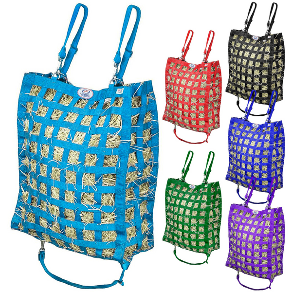 Petroleum blue hay bag with five other colors of hay bag shown to the right.