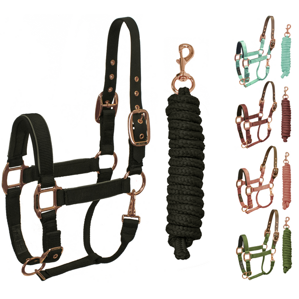 Derby Originals Desert Rose Collection Rose Gold Reflective Safety Flex-Webb Horse Halters with Matching Lead Ropes