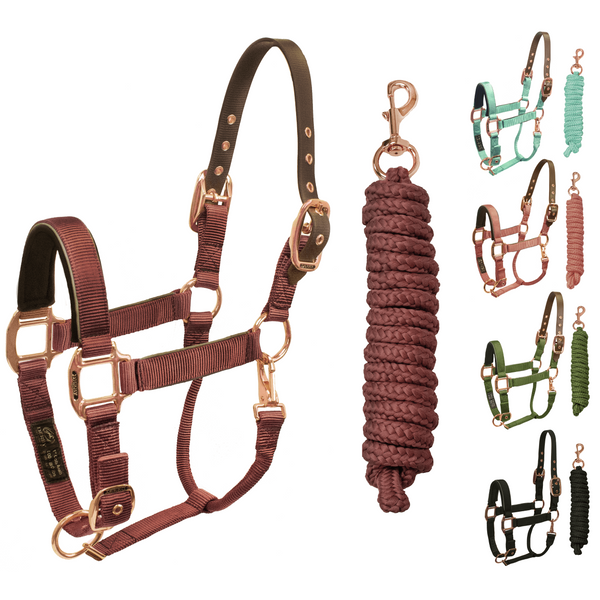 Derby Originals Desert Rose Collection Rose Gold Reflective Safety Flex-Webb Horse Halters with Matching Lead Ropes