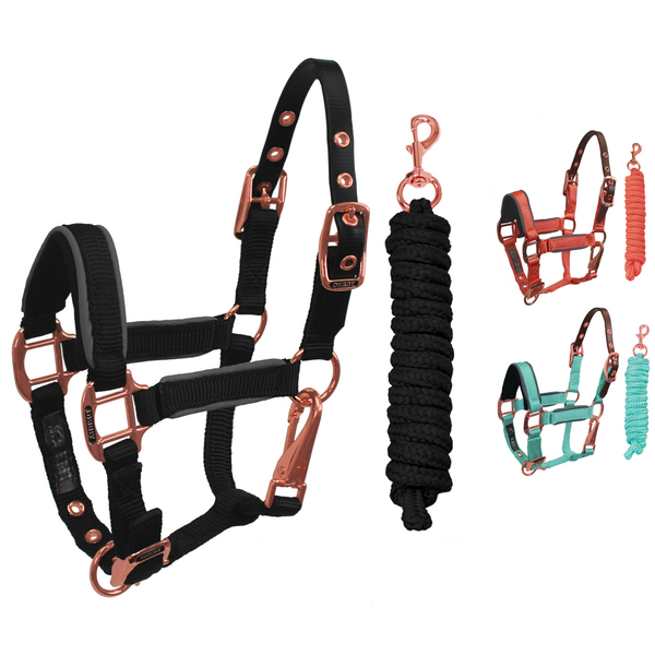 Derby Originals Desert Rose Collection Rose Gold Reflective Safety Flex-Webb Horse Halters with Matching Lead Ropes