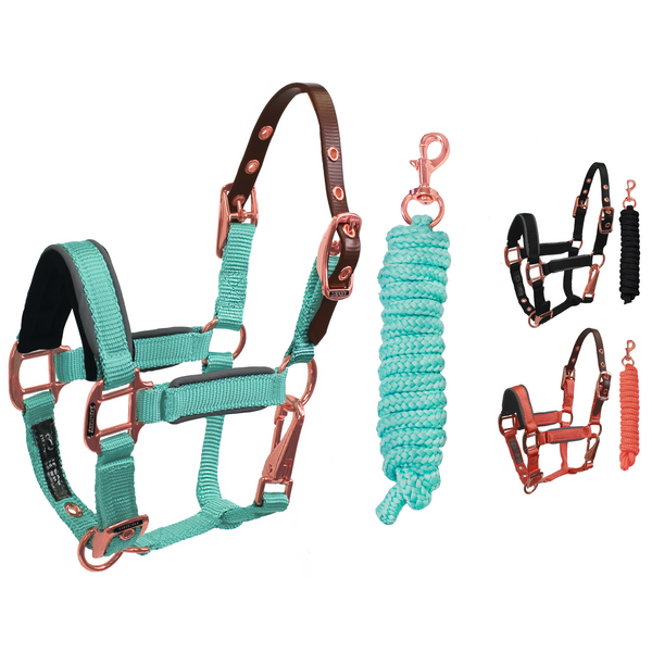 Derby Originals Desert Rose Collection Rose Gold Reflective Safety Flex-Webb Horse Halters with Matching Lead Ropes