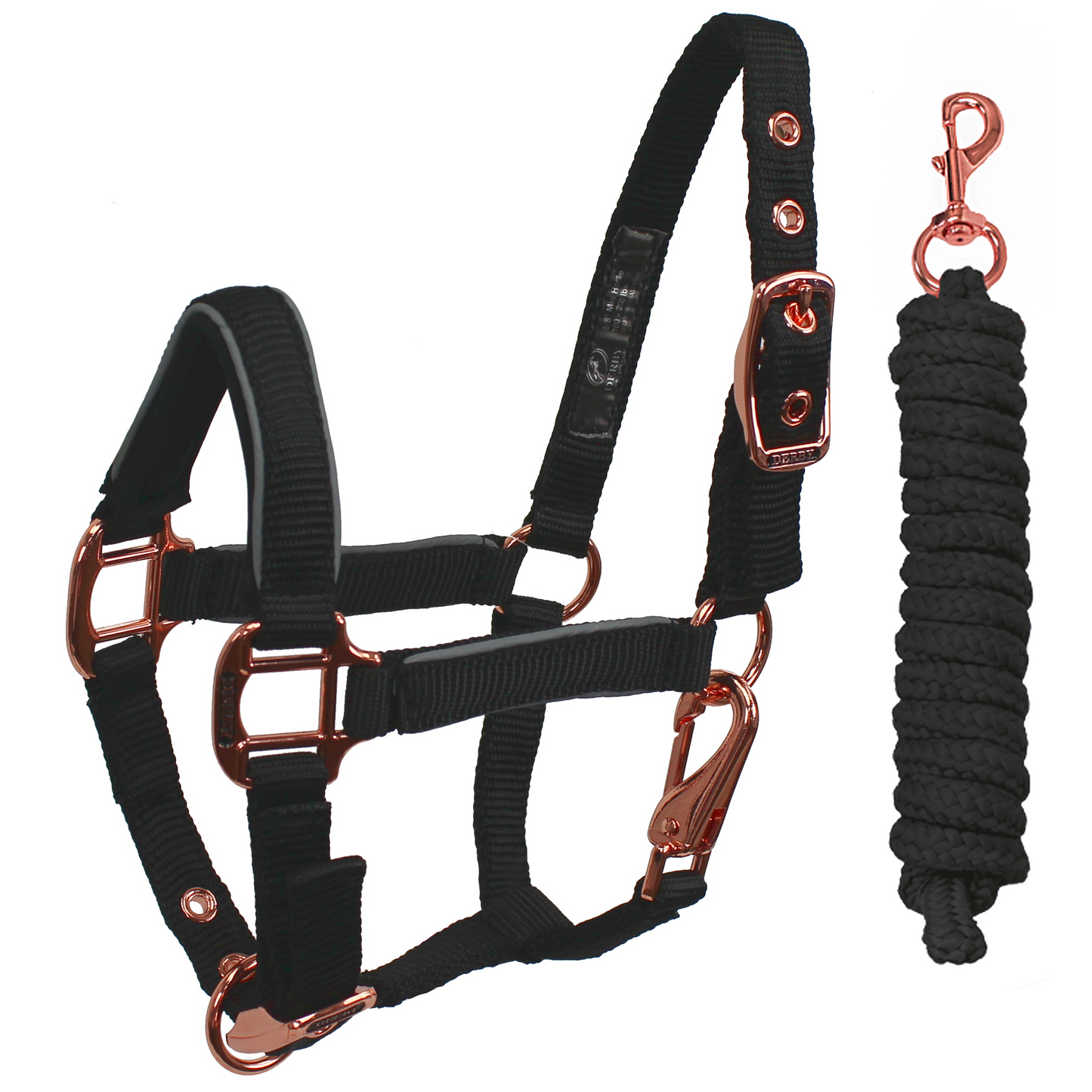Derby Original Reflective Safety Stable Horse Halters Rose Gold Black Main