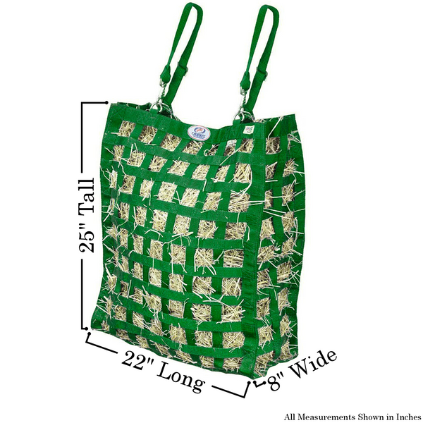 Size chart for hunter green four sided hay bag.