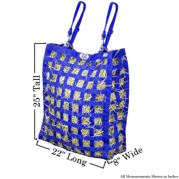 Size chart for royal blue four sided hay bag.