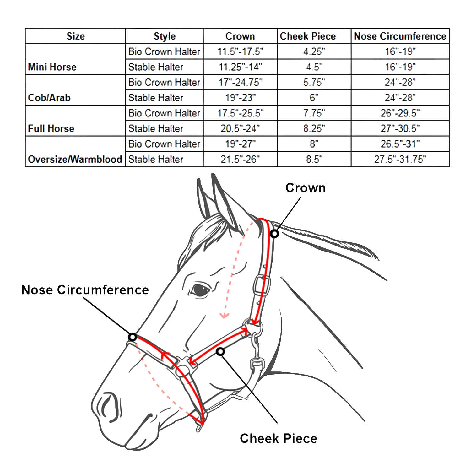 Derby Originals Desert Rose Collection Rose Gold Reflective Safety Stable Horse Halters  Size chart