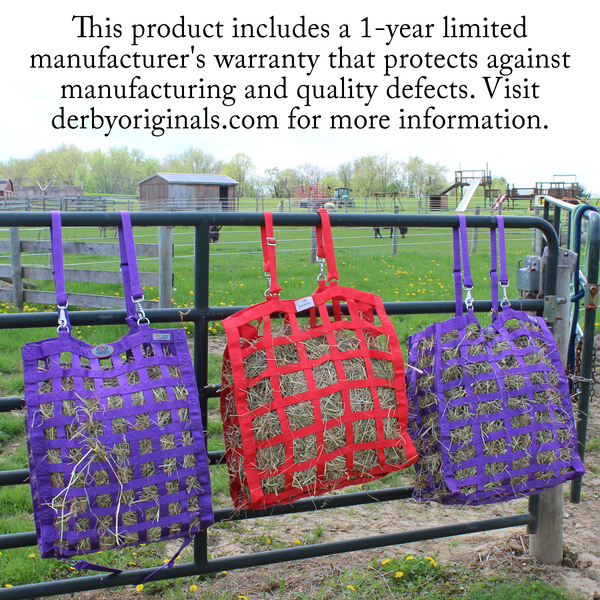 One year warranty information for four sided hay bag.