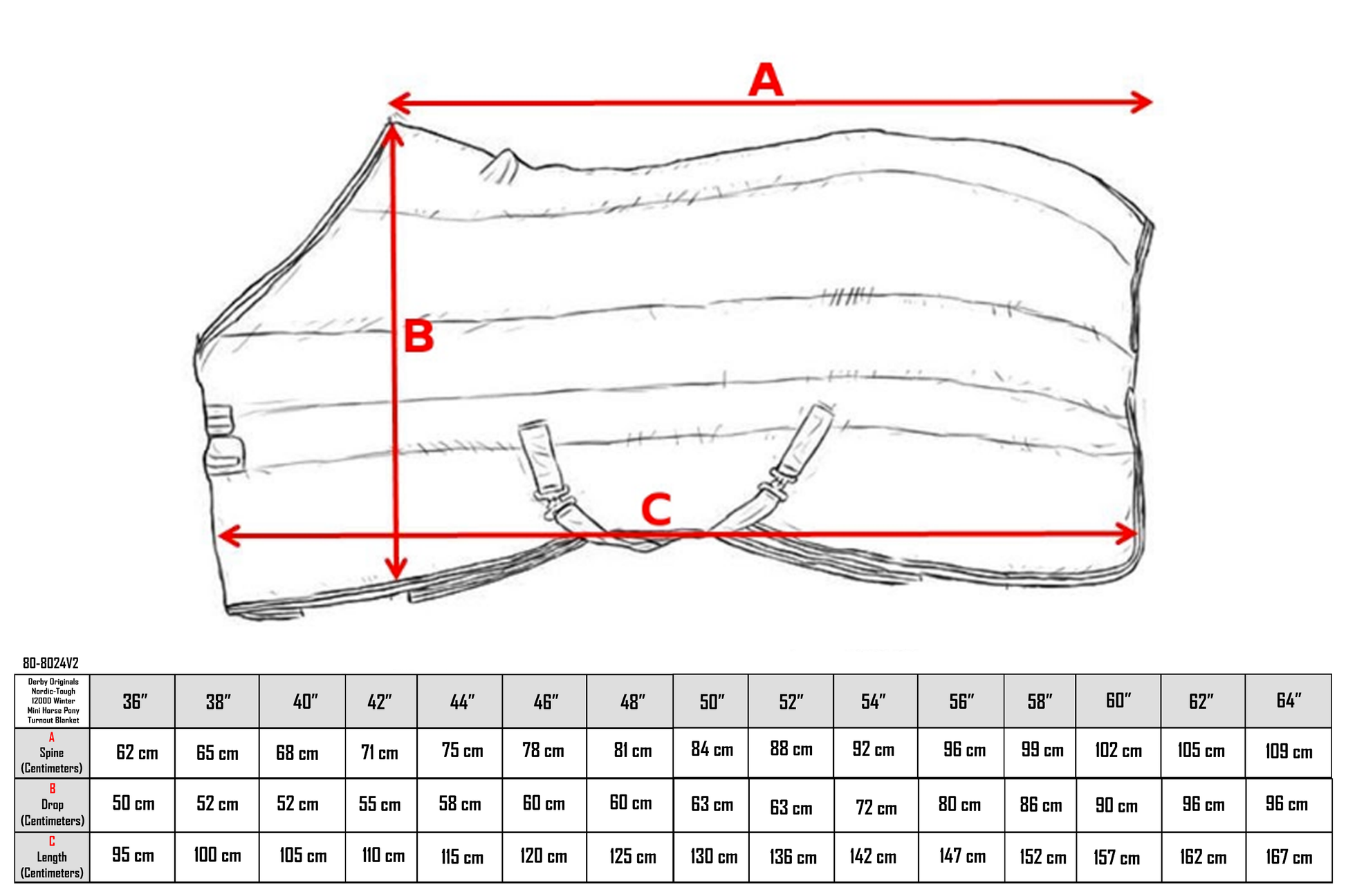 Waterproof Reflective Winter Mini Horse size chart
