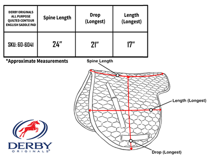 Derby Originals  All Purpose Quilted Contour English Saddle Pad size chart