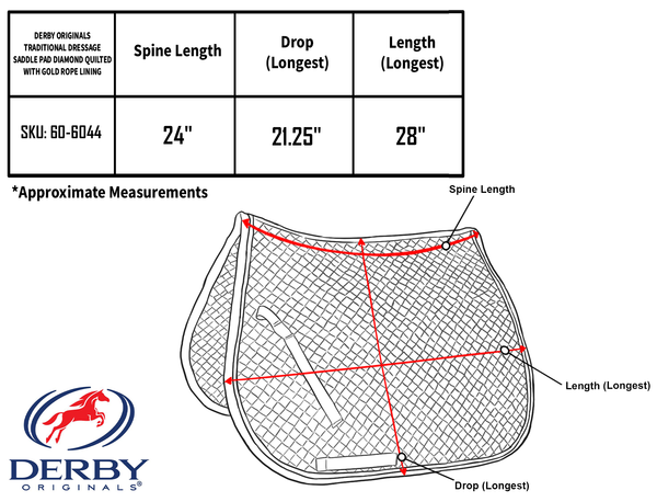 Derby Originals Traditional Dressage Saddle Pad Diamond Quilted with Gold Rope Lining