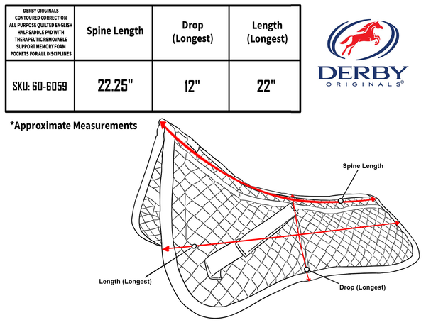 Derby Contoured Correction All Purpose Quilted English Half Saddle Pad with Therapeutic Removable Support Memory Foam Pockets for all Disciplines