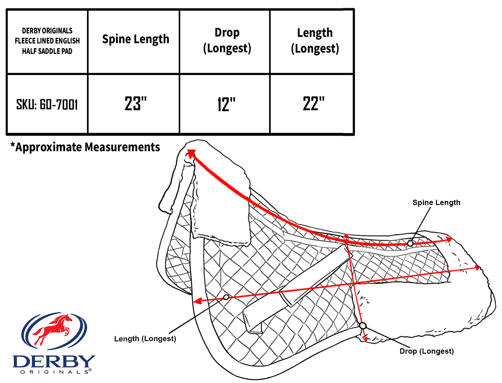 Your English Saddle with Derby Originals Saddle Pad Size chart