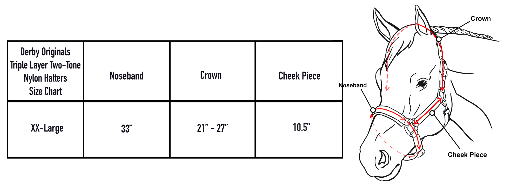 Derby Originals Heavy-Duty Triple Layer Two-Tone Nylon Draft Horse Halters - Closeout Size Chart