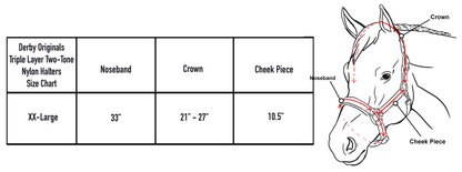 Derby Originals Heavy-Duty Triple Layer Two-Tone Nylon Draft Horse Halters - Closeout Size Chart