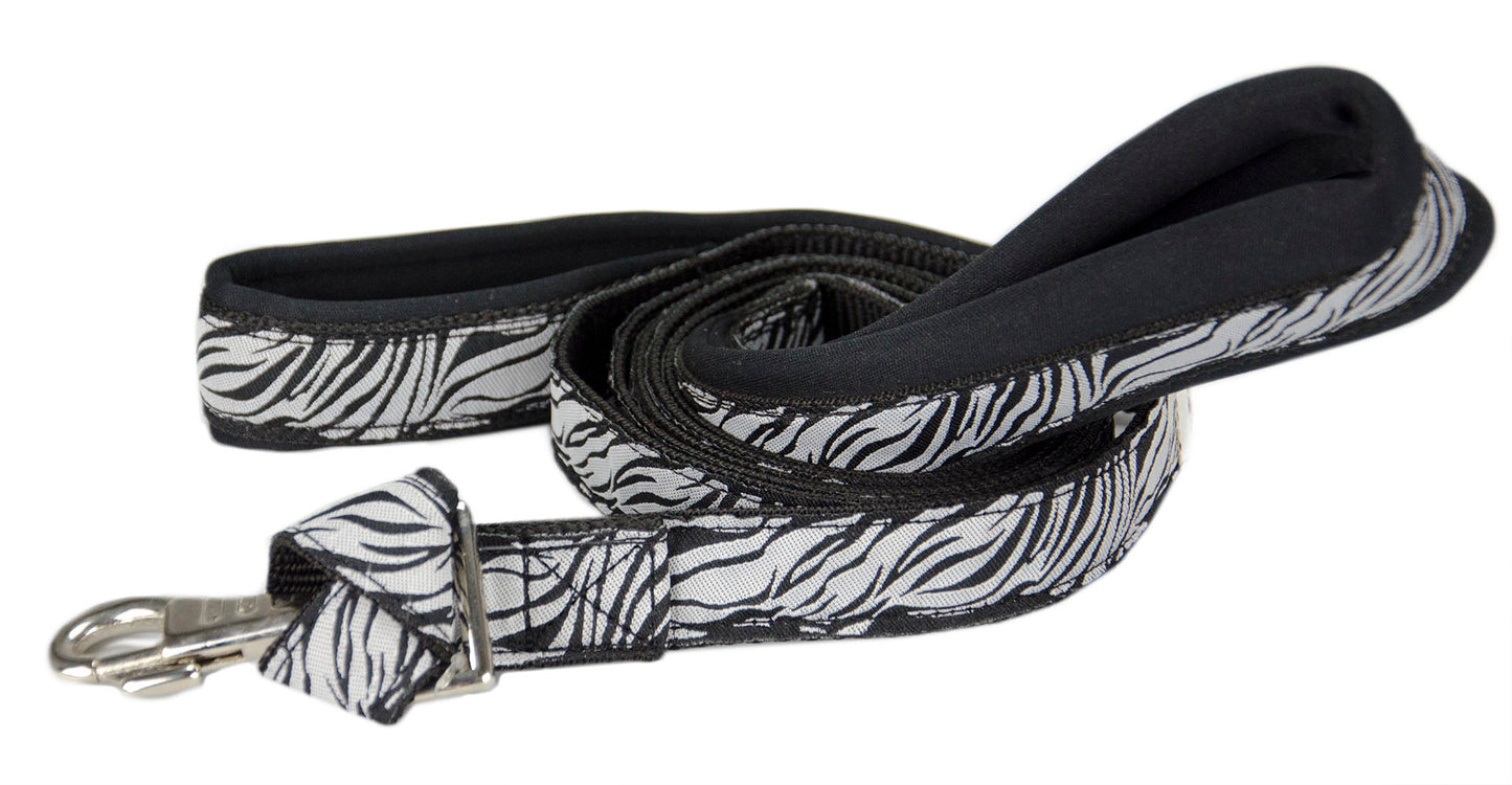 Padded Double Handle Patterned Dog Leash with Warranted Snap Zebra Design 