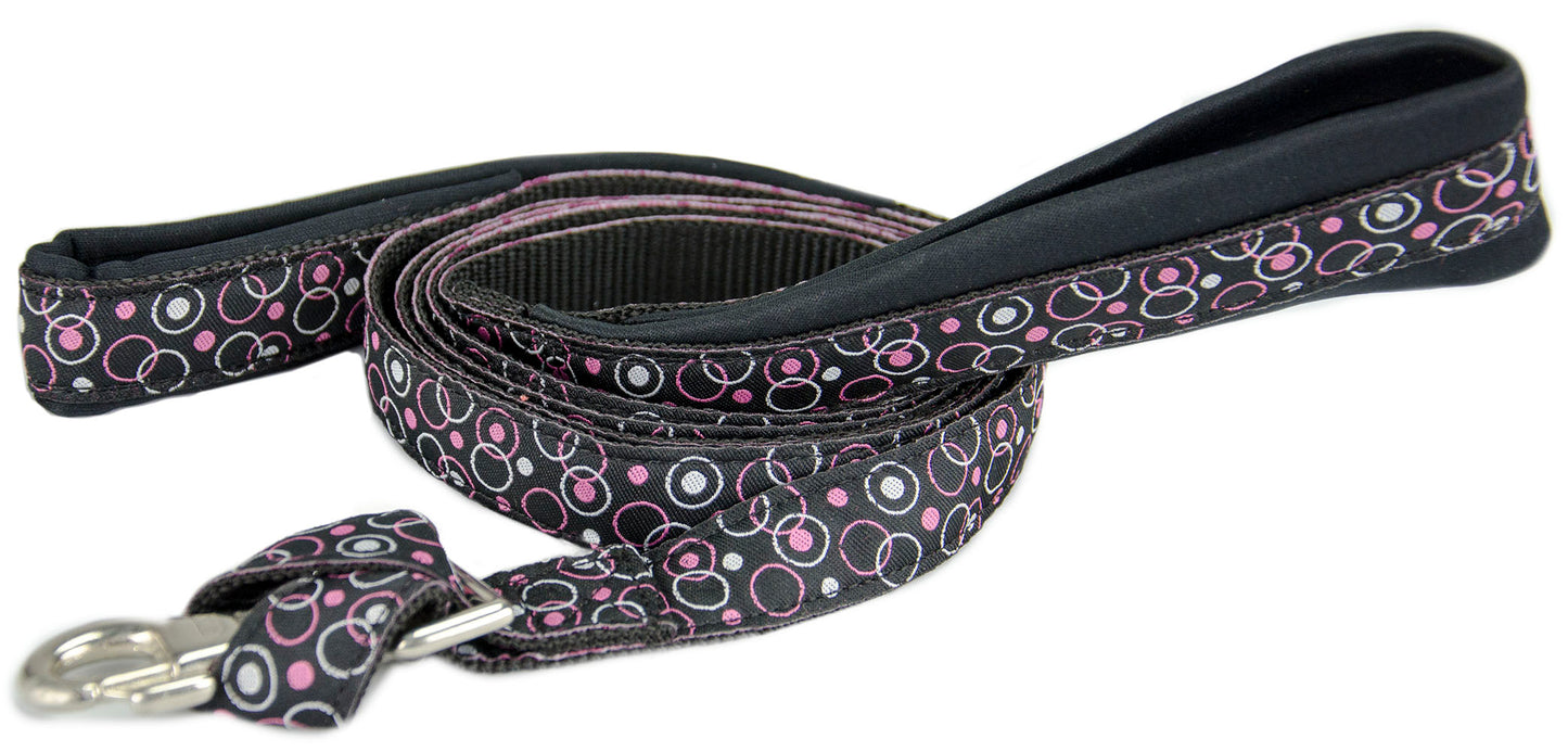 Padded Double Handle Patterned Dog Leash with Warranted Snap Black Retro Polka Dots