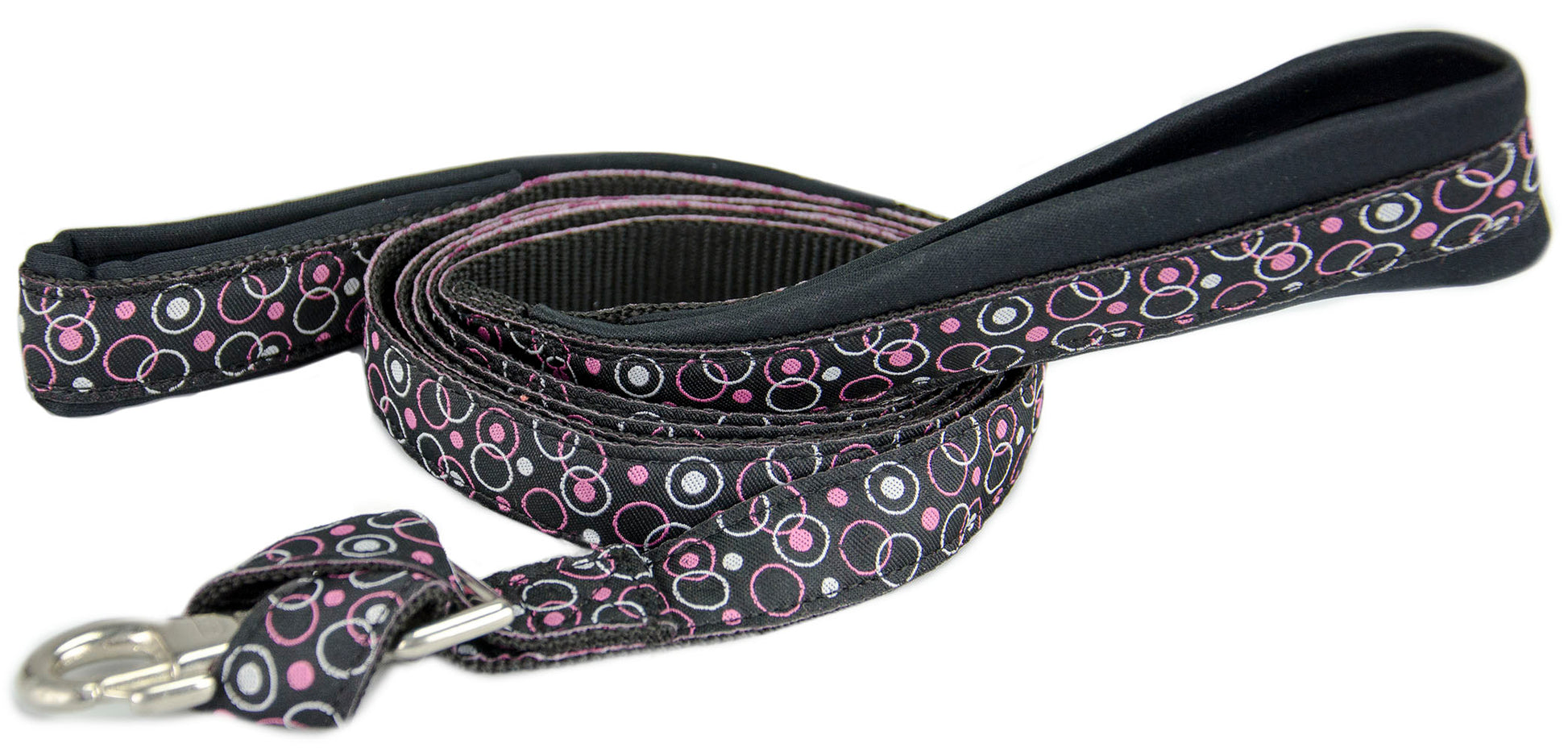 Padded Double Handle Patterned Dog Leash with Warranted Snap Black Retro Polka Dots