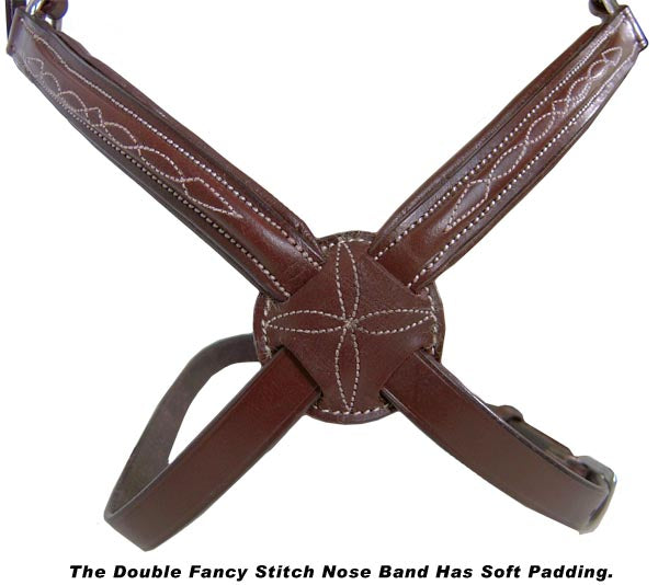Paris Tack Round Raised Double Fancy Stitch Figure 8 Bridle with Matching Rubber Reins Nose View
