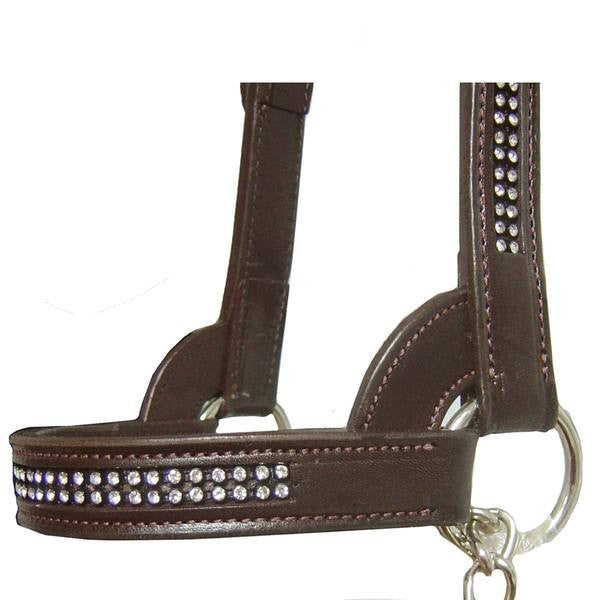 New & Improved Premium Crystal Bling Rhinestone Inlay Flat Leather Cattle Show Halter with Chain Lead   - One Year Limited Manufacturer’s Warranty