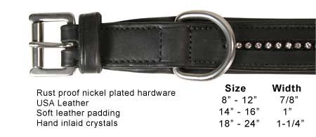 Derby Dog Designer Series USA Leather Padded Dog Collar with Swarovski Crystal Inlay with Stainless Steel Rolled Buckle for Comfort Size And Width
