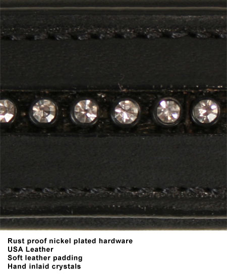 Designer Series USA Leather Padded Dog Collar with Swarovski Crystal Inlay with Stainless Steel Rolled Buckle 
