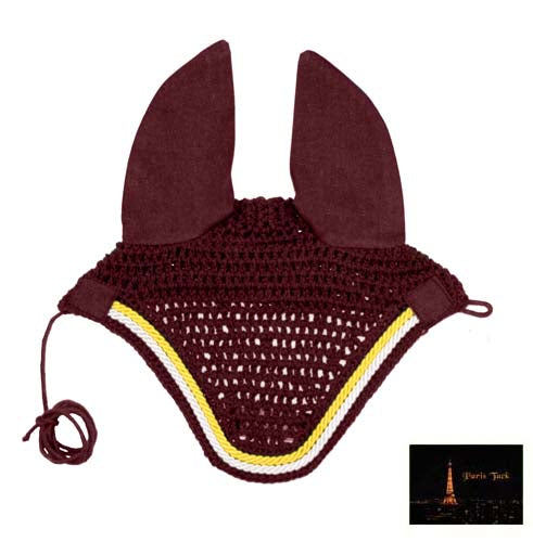 Paris Tack Crochet Horse Fly Veil Ear Bonnet with Gold Rope Brown