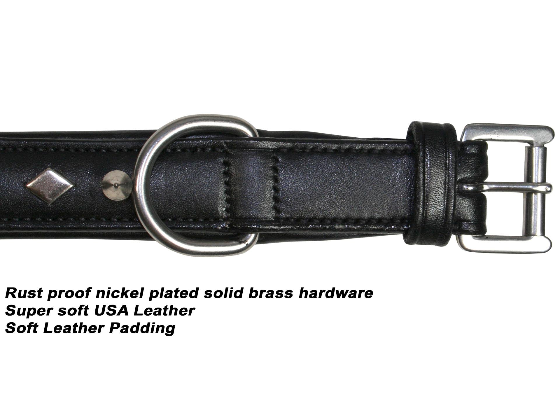 Derby Dog Designer Series USA Leather Spikes and Diamond Padded Dog Collar with Stainless Steel Rolled Buckle