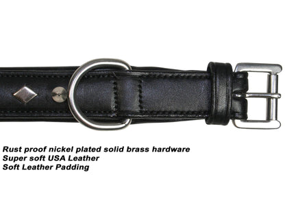 Derby Dog Designer Series USA Leather Spikes and Diamond Padded Dog Collar with Stainless Steel Rolled Buckle