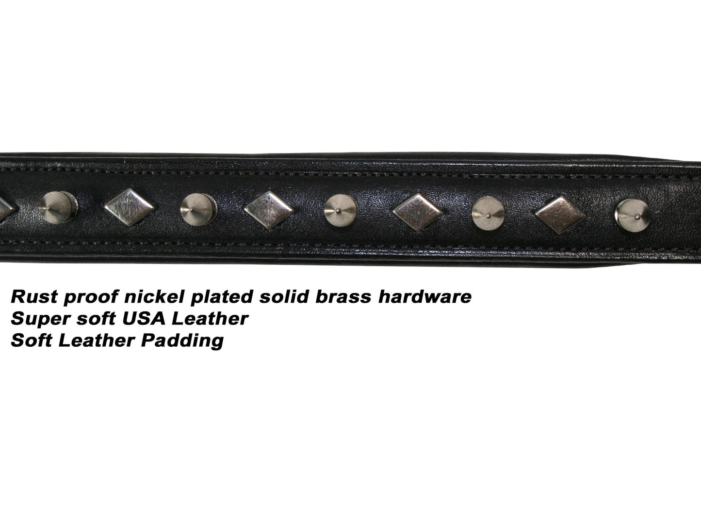 Dog Designer Series USA Leather Spikes and Diamond Padded Dog Collar with Stainless Steel Rolled Buckle 