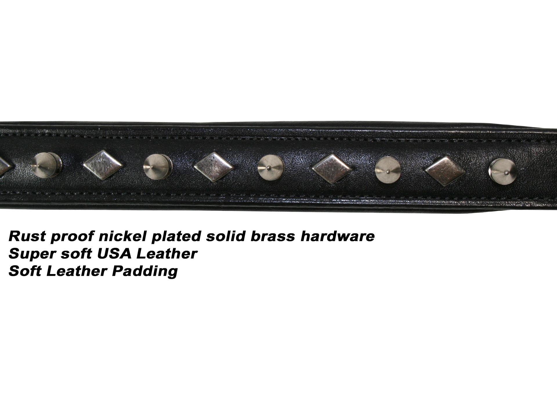 Dog Designer Series USA Leather Spikes and Diamond Padded Dog Collar with Stainless Steel Rolled Buckle 