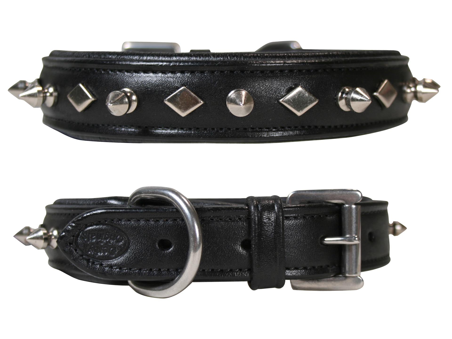 Dog Designer Series USA Leather Spikes and Diamond Padded Dog Collar with Stainless Steel Rolled Buckle for Comfort