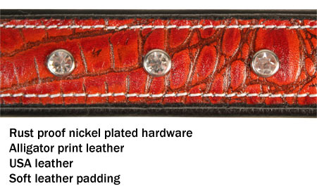  USA Leather Padded Alligator With Crystals Dog Collar with Stainless Steel Rolled Buckle 