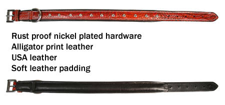 Dog Designer Series USA Leather Padded Alligator With Crystals Dog Collar with Stainless Steel Rolled Buckle
