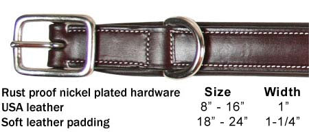 Derby Dog Designer Series USA Leather Padded Fancy Stitch Dog Collar Size and Width