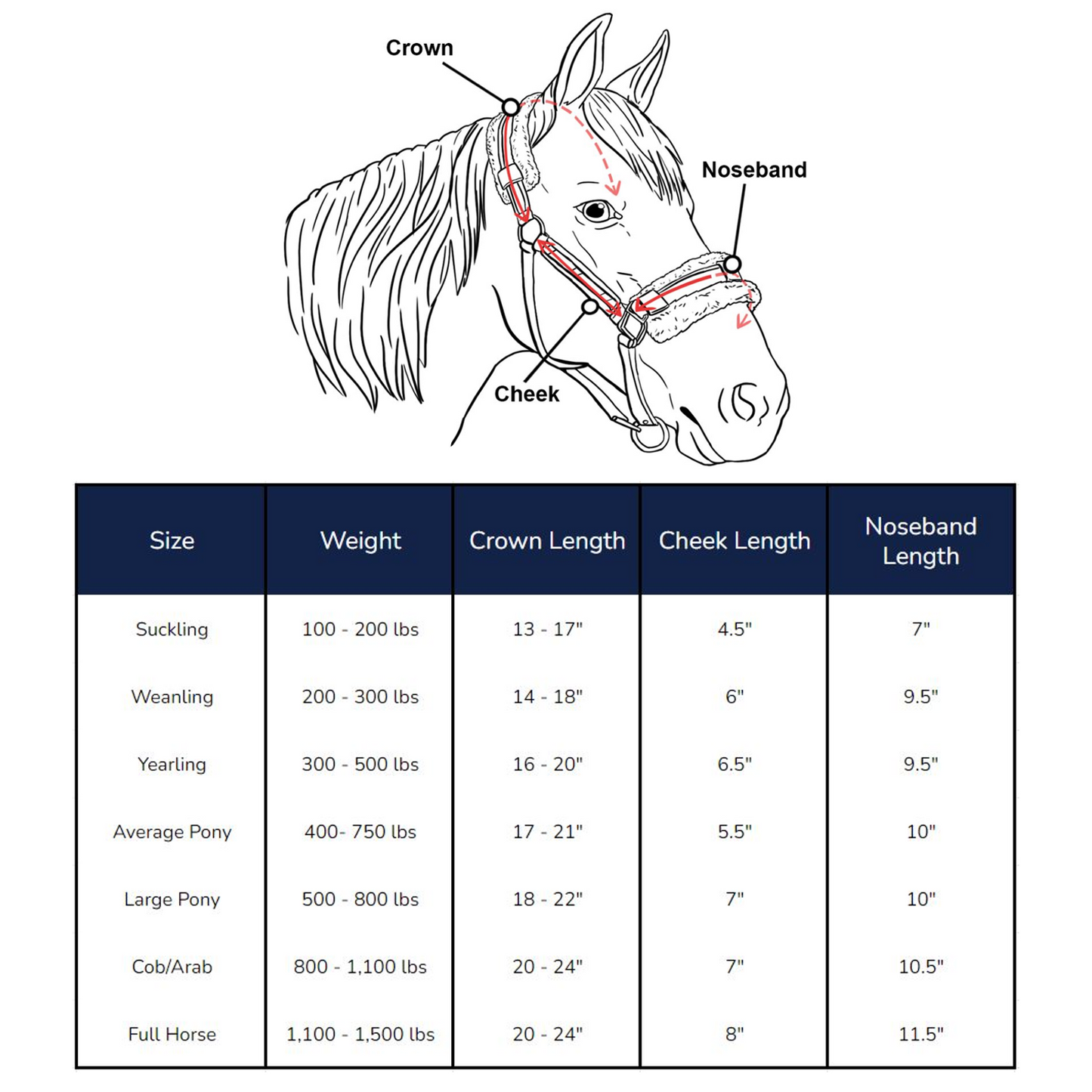 Paris Tack Fleece Padded Adjustable Nylon Horse Halters Size chart